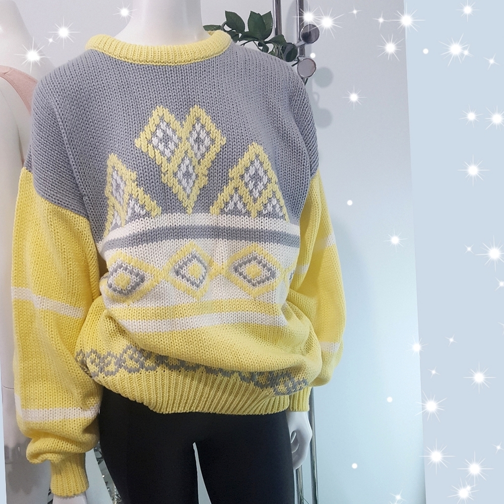 90's🍋New Yellow Gray🍋Geometric Oversized Sweater
